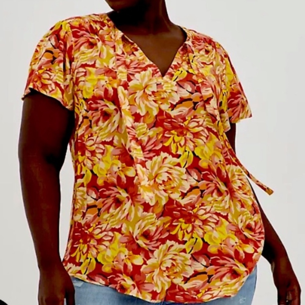 Torrid | Rust Red/Orange/Green/Yellow/Cream Floral Esther Peasant Blouse Sz 1X